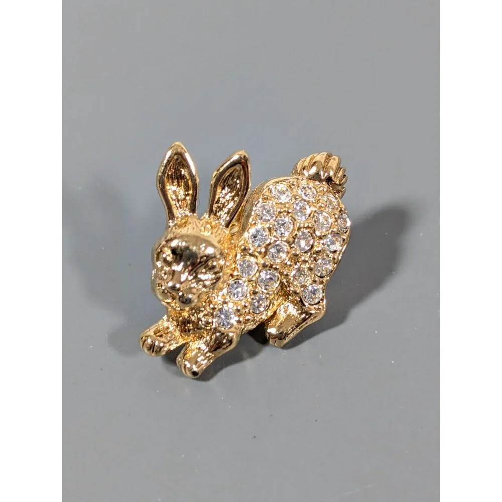 Vintage Avon Gold Tone‎ Bunny Rabbit Rhinestone Pave Tack Pin Brooch
